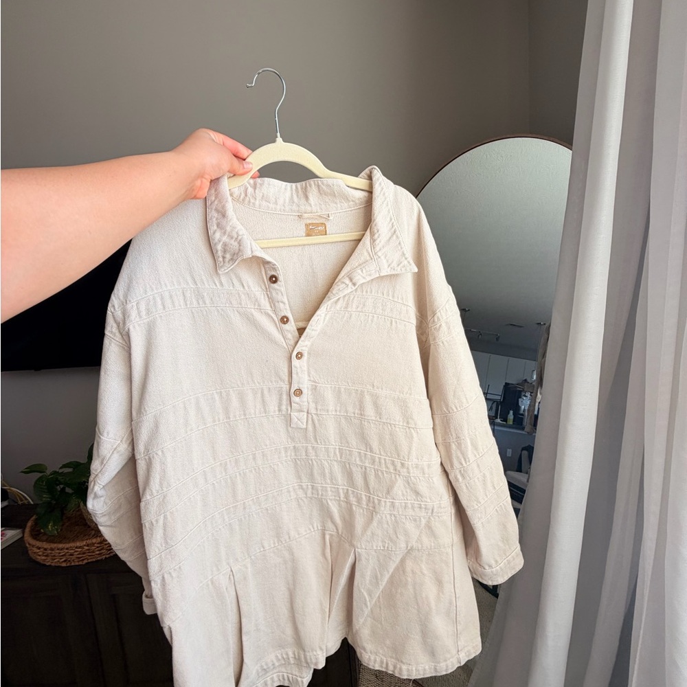 Relaxed Cream Button-Neck Women’s Mini Dress